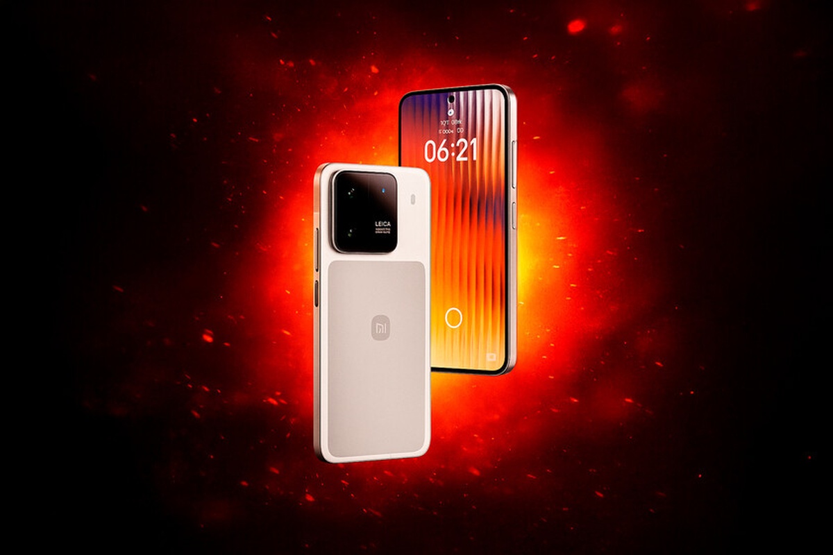 Smartphone Xiaomi com câmera Leica em destaque e fundo vibrante em vermelho