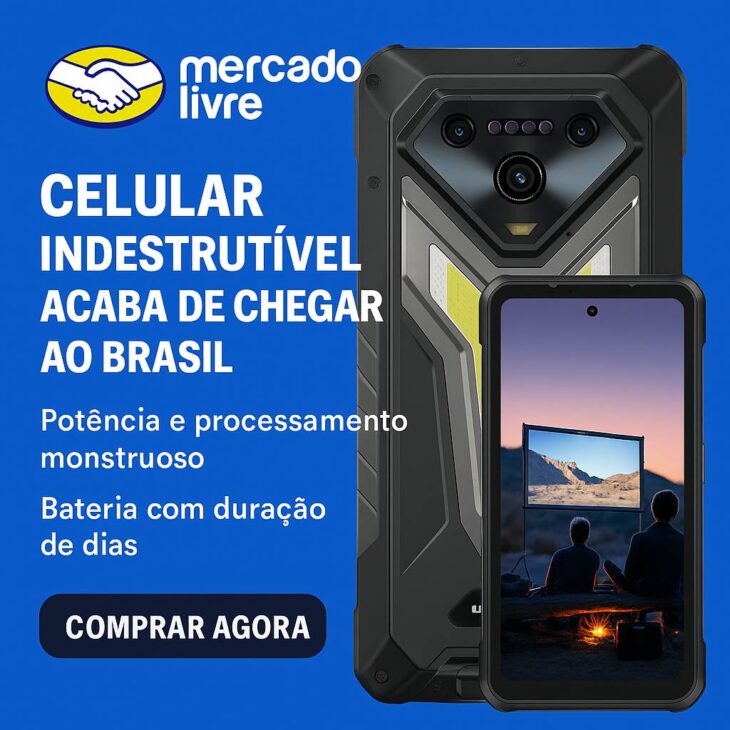 Banner digital do Ulefone Armor 34 Pro sendo anunciado como celular indestrutível no Mercado Livre, com chamada para compra e destaques de desempenho e autonomia.