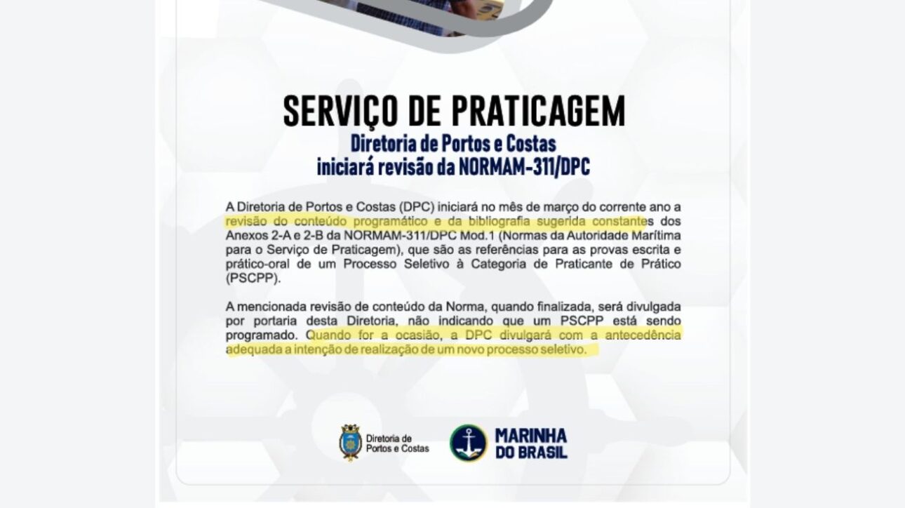 Imagem mostra comunicado emitido pela Marinha do Brasil destacando o início da revisão do conteúdo programático e bibliografia do processo seletivo para práticos de navio, com alerta de que um novo concurso poderá ser anunciado futuramente.