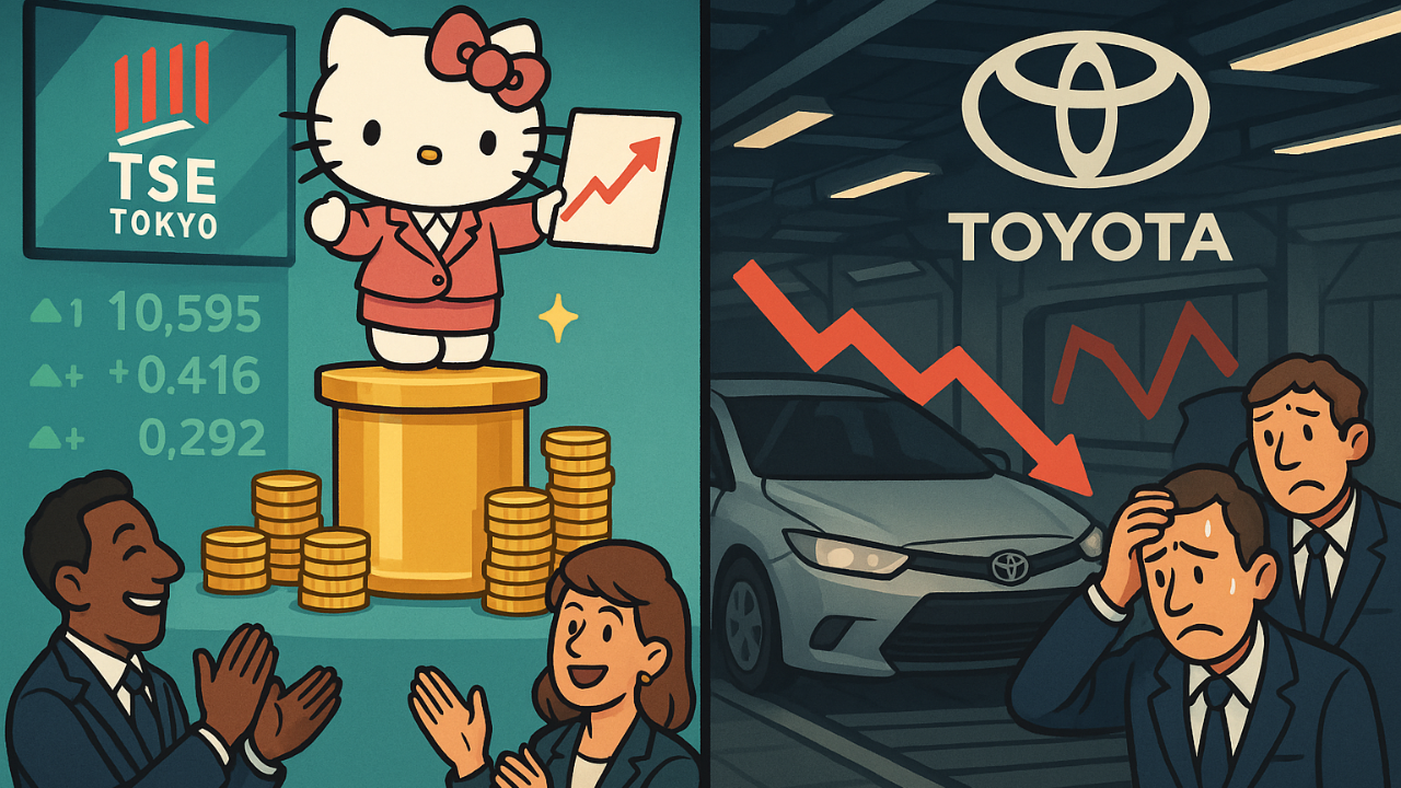 Enquanto Toyota vende 10 milhões de carros por ano, Hello Kitty vende emoções — e atrai mais investidores na Bolsa de Tóquio.