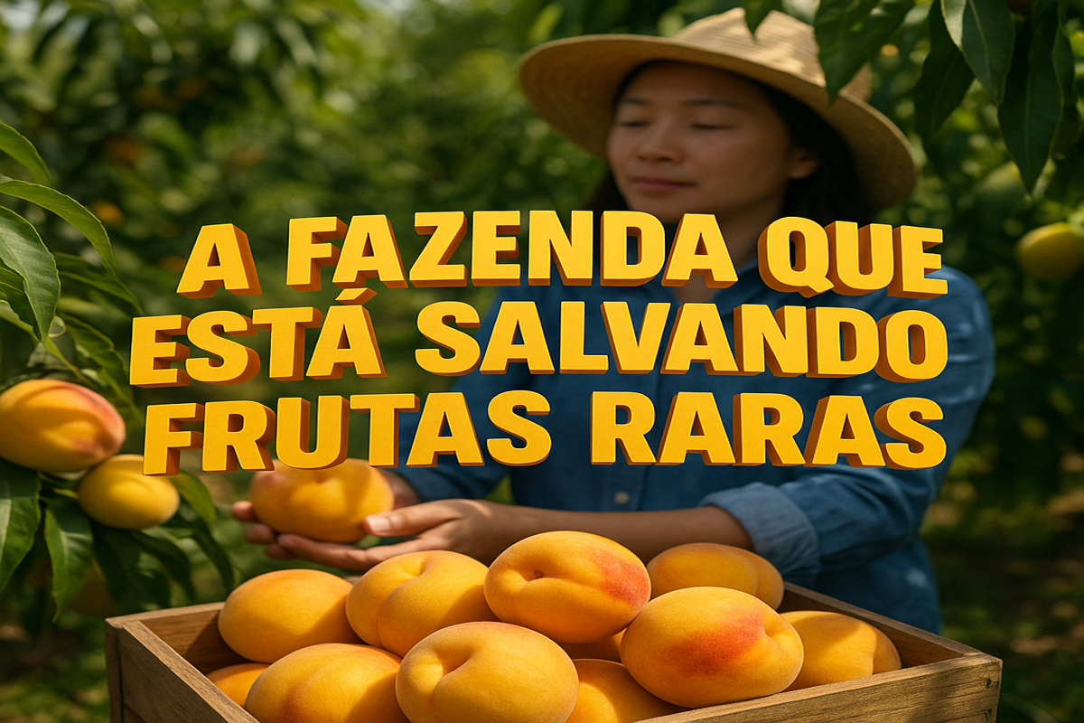 Mulher colhe pêssegos Elberta em fazenda que resgata frutas raras nos Estados Unidos