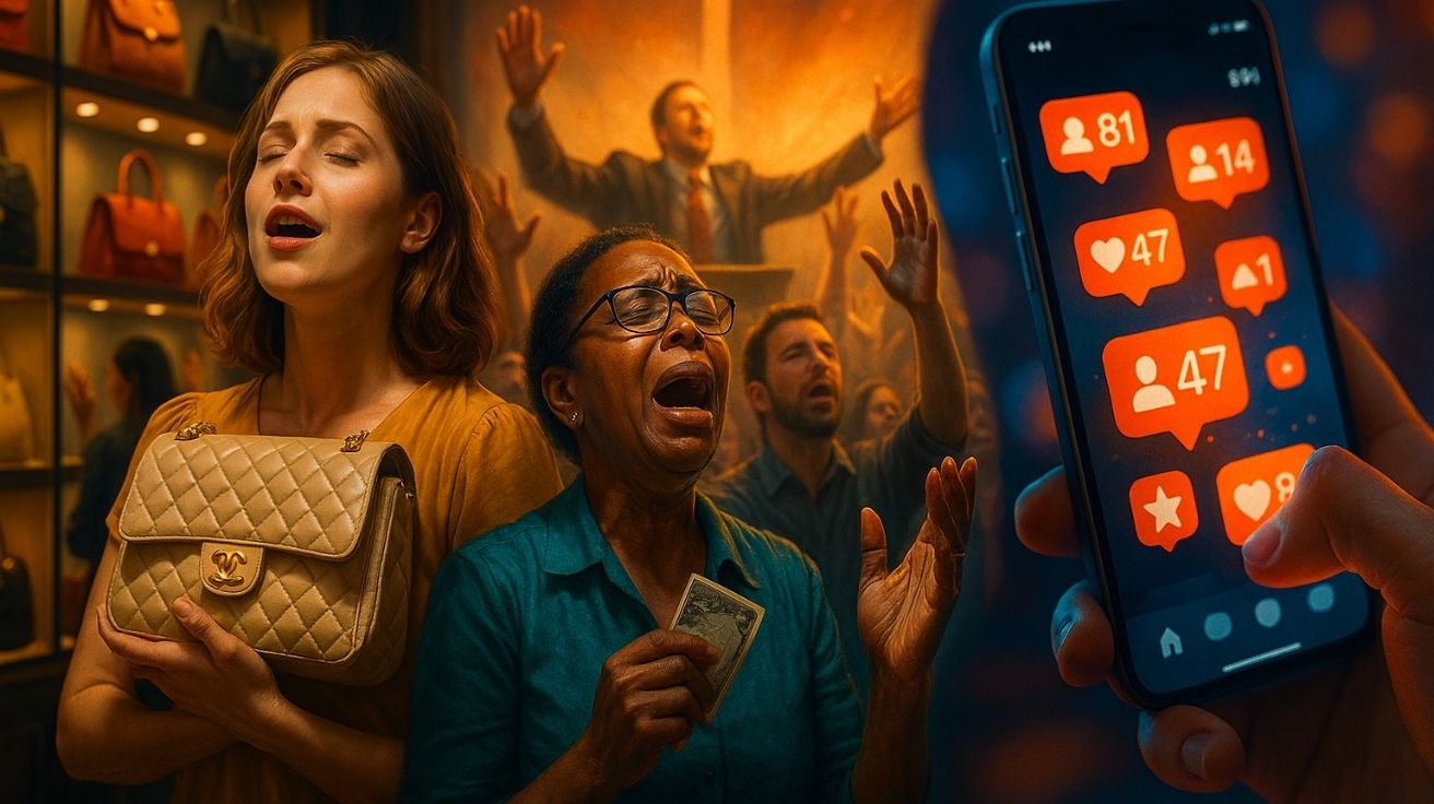 Tripla cena hiper-realista mostra uma mulher encantada por uma bolsa de grife, fiéis emocionados em um culto evangélico, e uma mão segurando celular repleto de notificações, representando os mecanismos invisíveis de manipulação.