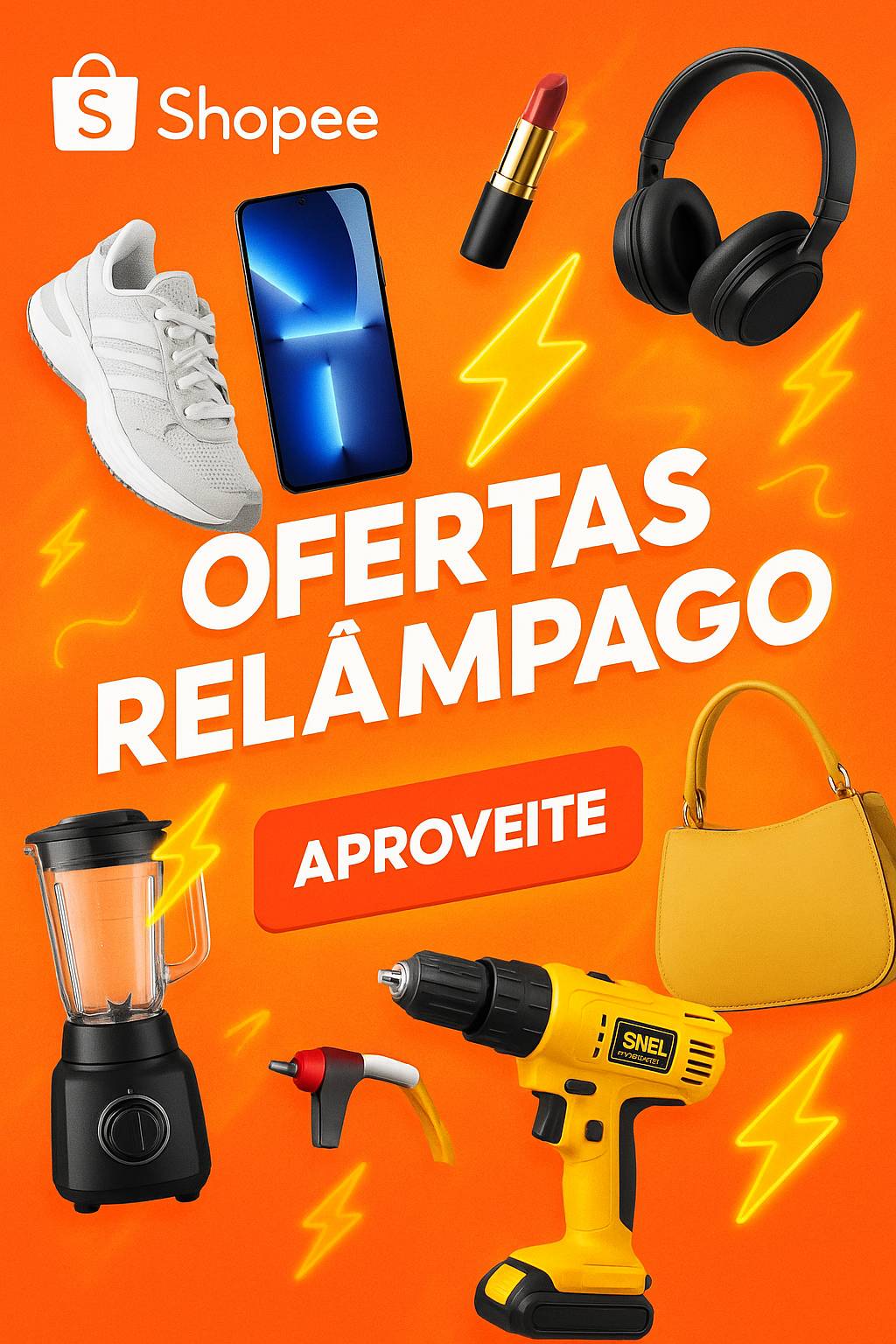 Banner digital de Ofertas Relâmpago na Shopee com produtos variados e fundo laranja chamativo
