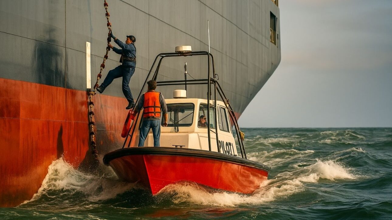 Imagem realista mostra a operação de embarque de um prático de navio em meio ao mar revolto, evidenciando o risco e a destreza exigidos na profissão. A cena retrata o momento crítico em que o profissional deixa a lancha de apoio para subir a bordo da embarcação principal.