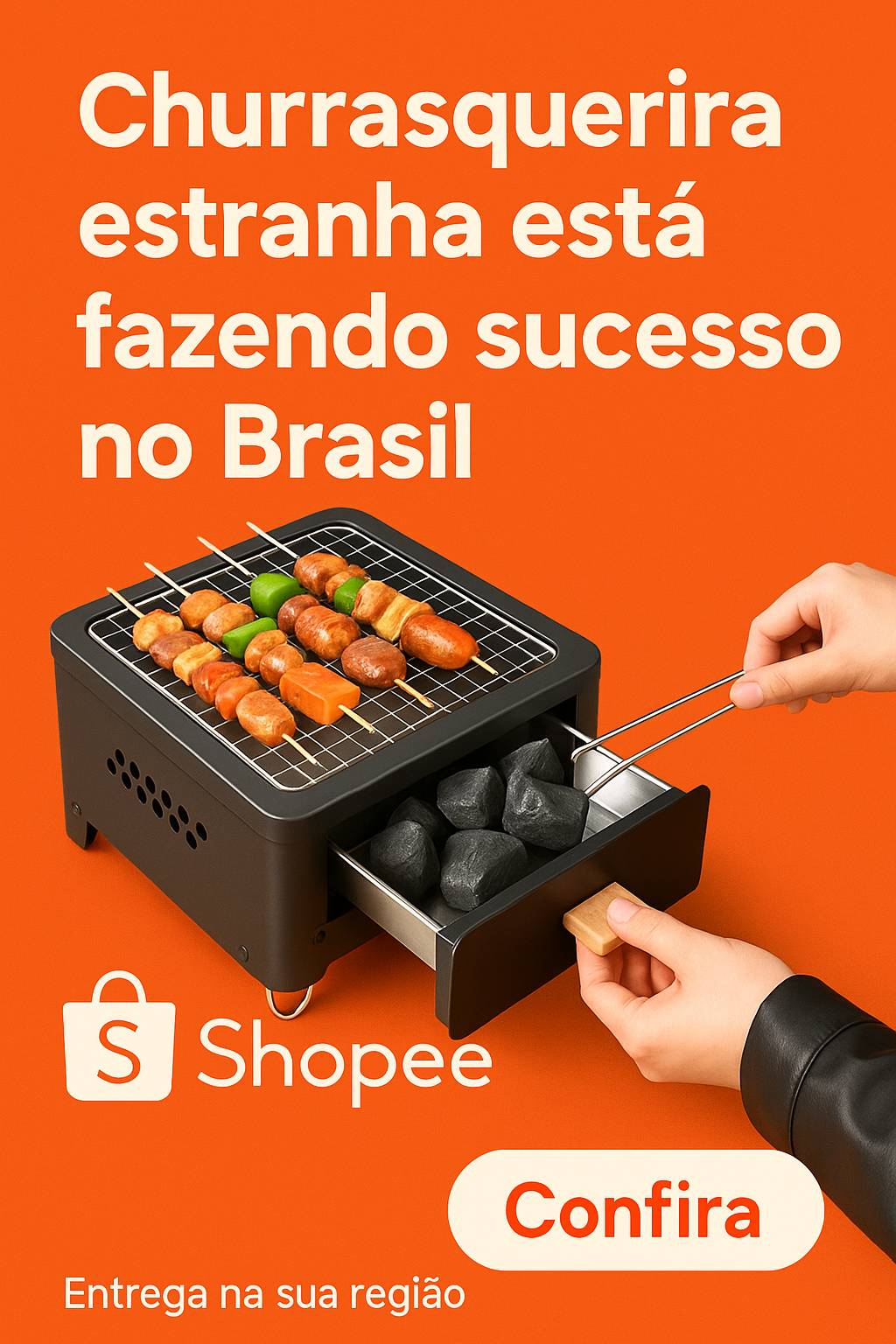 Mini churrasqueira inovadora viraliza na Shopee com visual compacto e promessa de praticidade no churrasco