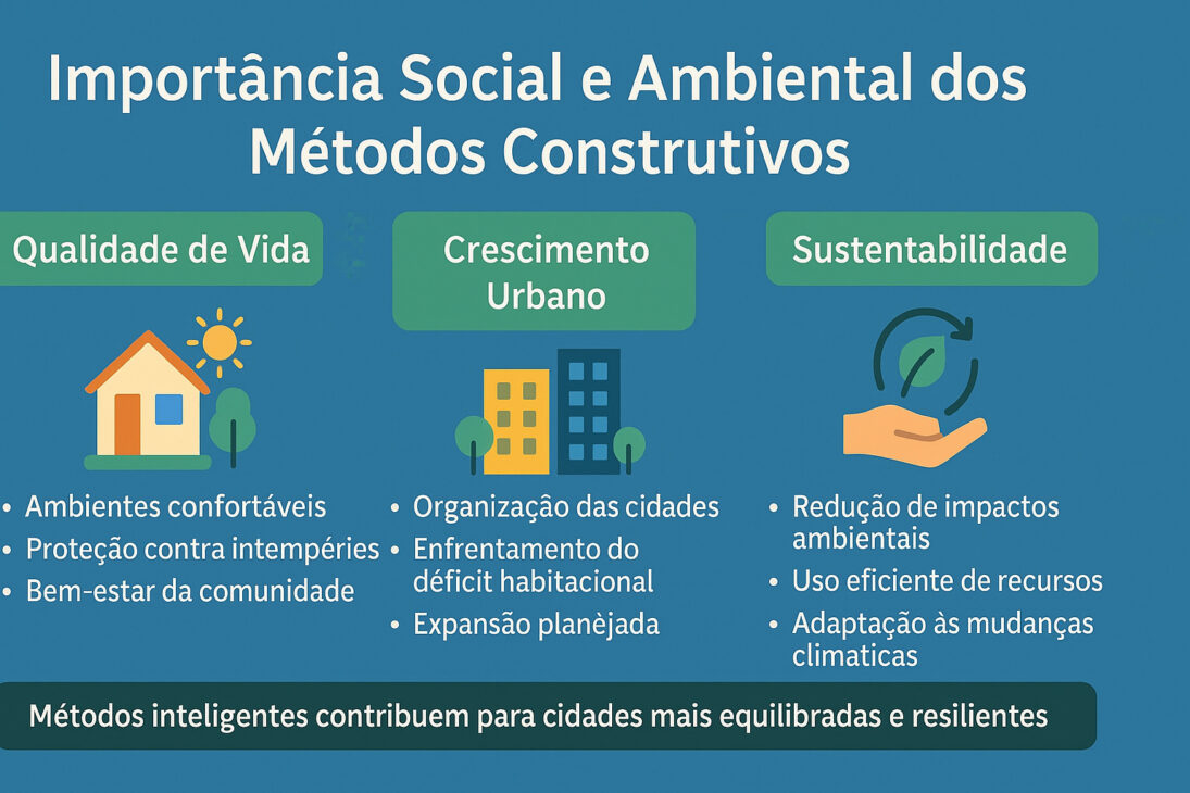 Infográfico com três ícones mostrando a importância social e ambiental dos métodos construtivos