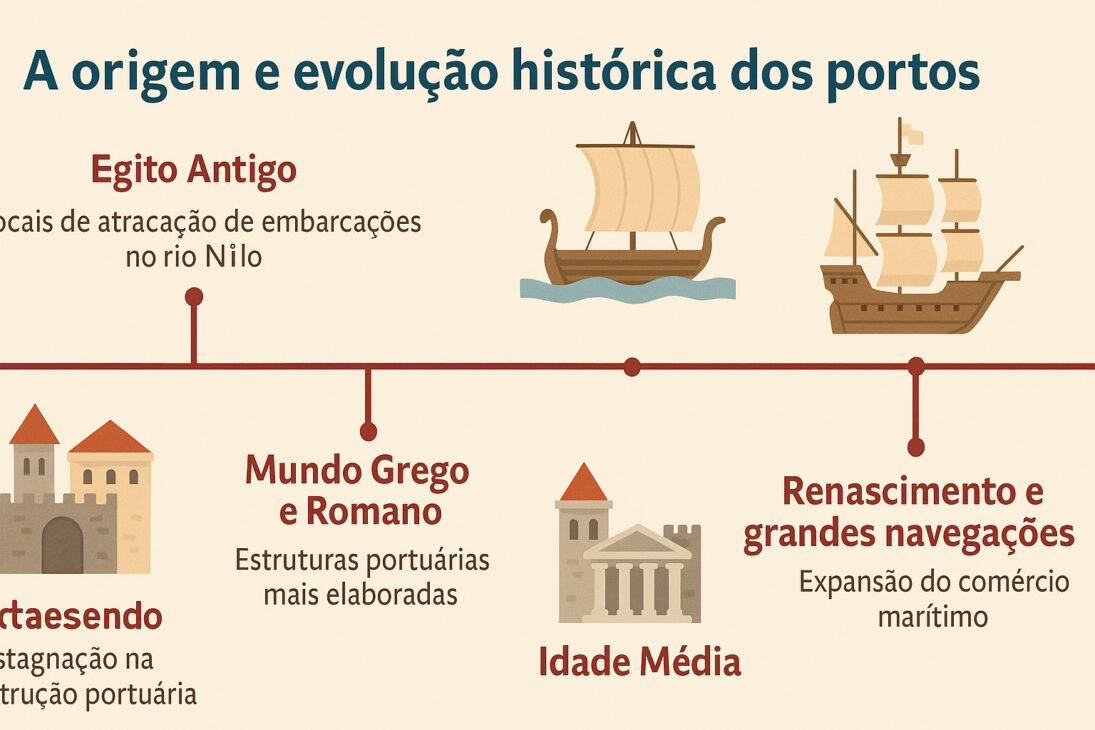 Infográfico com linha do tempo ilustrada mostrando a evolução histórica dos portos, desde o Egito Antigo até o Renascimento.