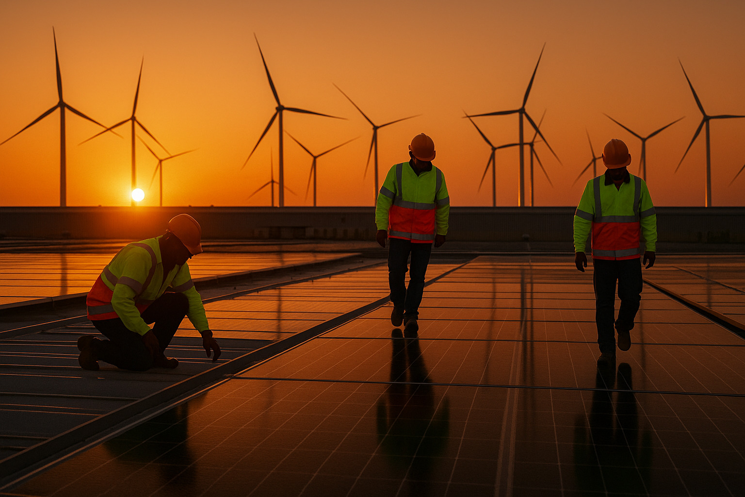 Técnicos inspecionam painéis solares ao entardecer com turbinas eólicas ao fundo.