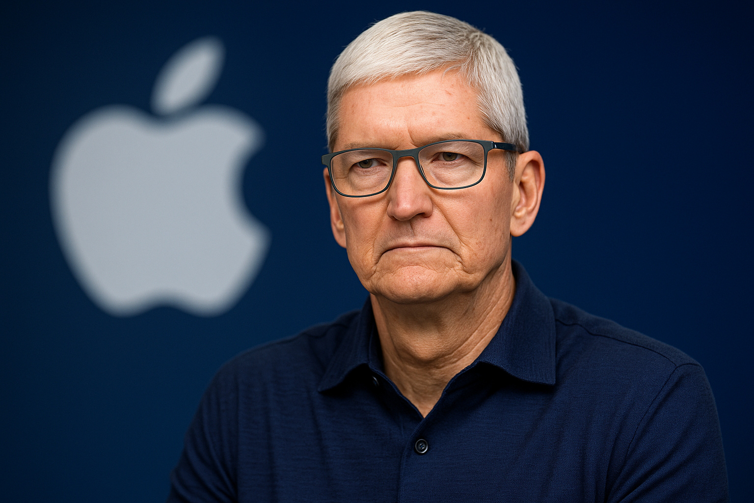 Tim Cook com expressão séria diante do logotipo da Apple