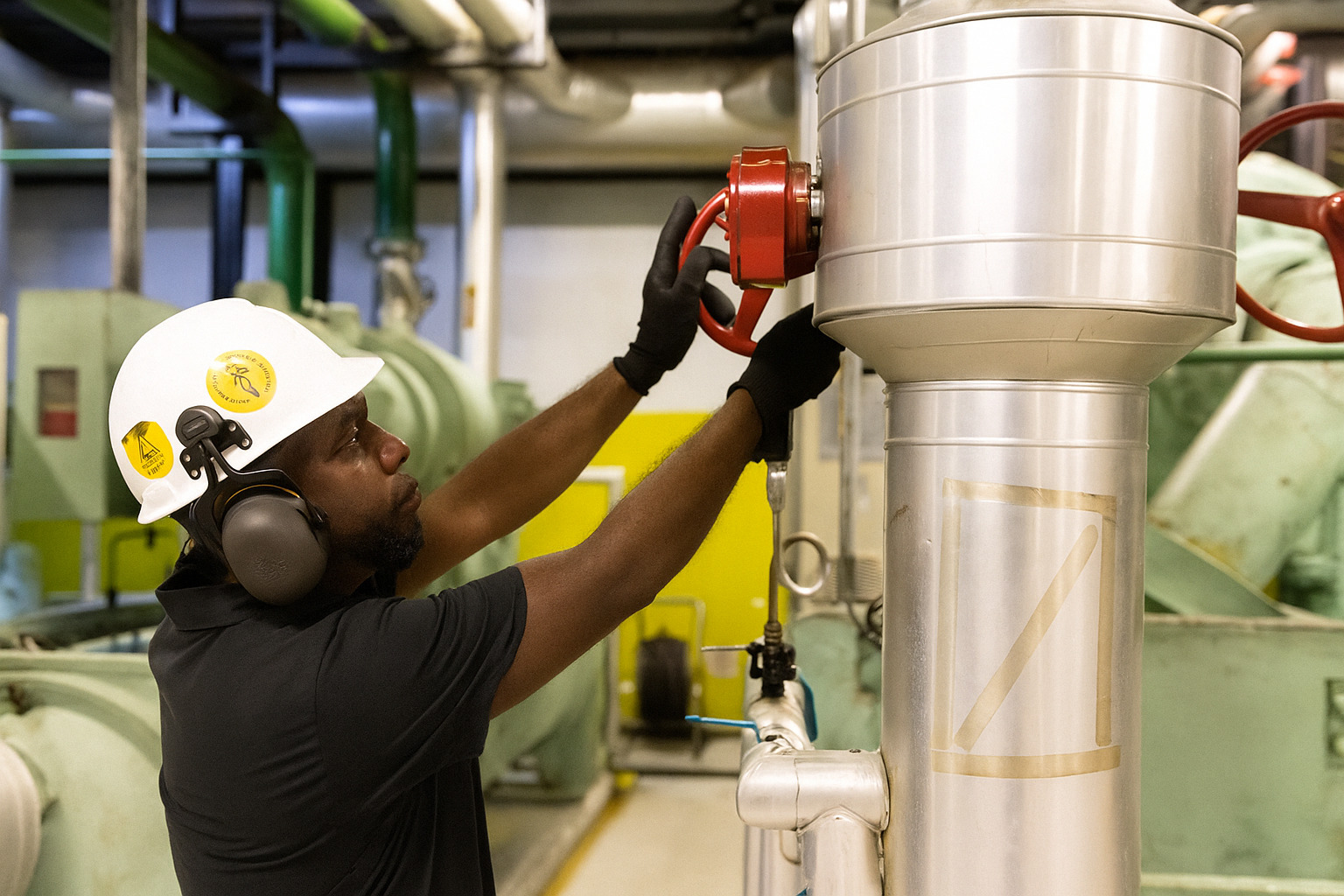 Black worker operating valve in industrial environment with protective equipment