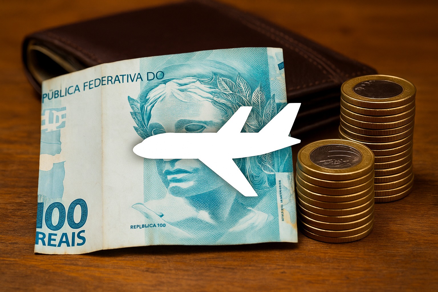 Imagem representando o êxodo de milionários do Brasil com nota de 100 reais, avião e pilhas de moedas simbolizando fuga de capital em 2025.