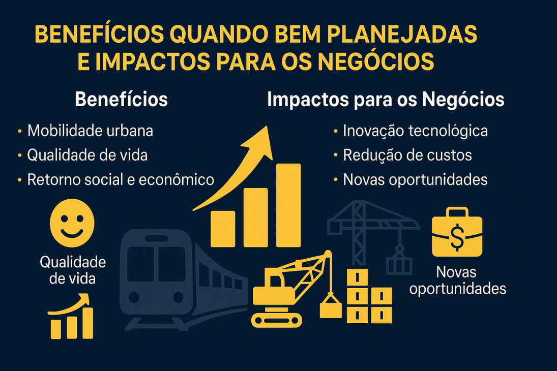 Infográfico destacando os benefícios das grandes obras bem planejadas e seus impactos positivos nos negócios, com ícones e gráficos ilustrativos sobre fundo azul-escuro.