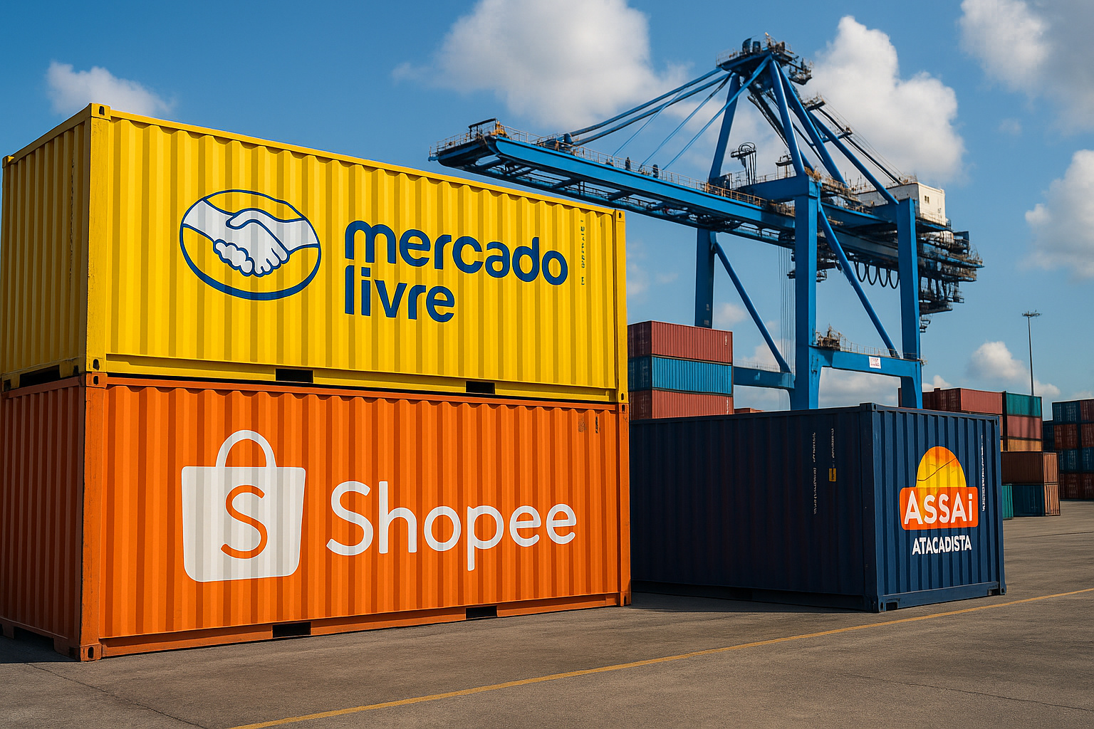 Contêineres Mercado Livre, Shopee e Assaí no Porto Seco de Quixeramobim com guindaste logístico