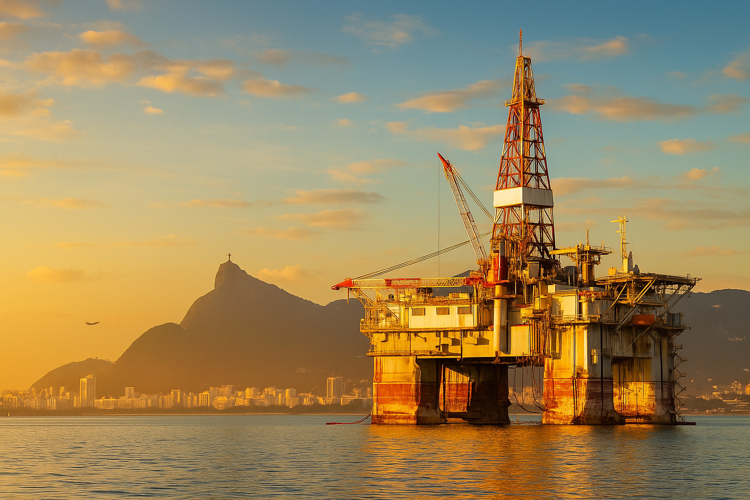 Plataforma de petróleo offshore iluminada ao entardecer com reflexo no mar
