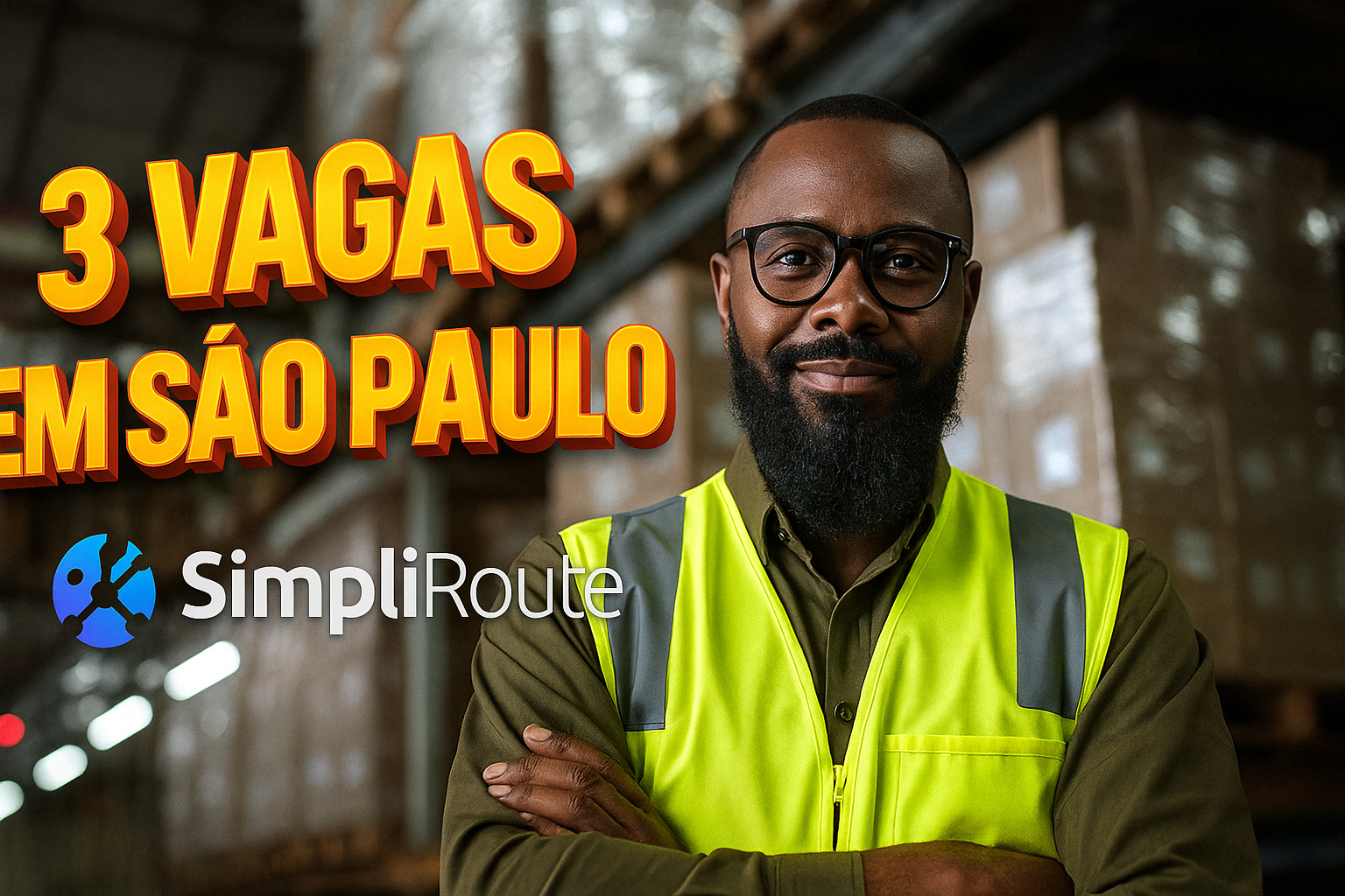 Profissional de logística em armazém com colete de segurança ao lado da frase 3 VAGAS EM SÃO PAULO PELA SIMPLIROUTE e logotipo SimpliRoute