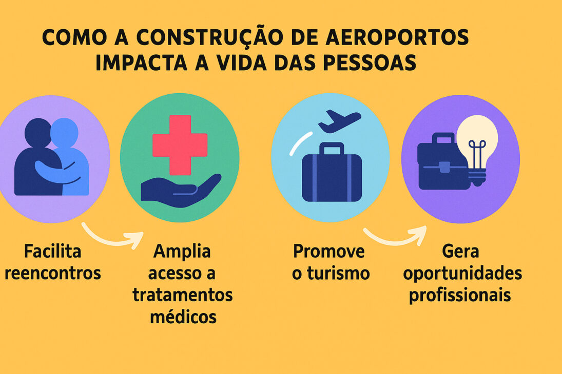 Infográfico mostrando quatro impactos da construção de aeroportos na vida das pessoas: facilita reencontros, amplia acesso a tratamentos médicos, promove o turismo e gera oportunidades profissionais.