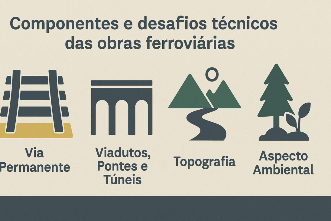 Infográfico ilustrando os componentes e desafios técnicos das obras ferroviárias, incluindo via permanente, viadutos, pontes, túneis, topografia e aspectos ambientais.