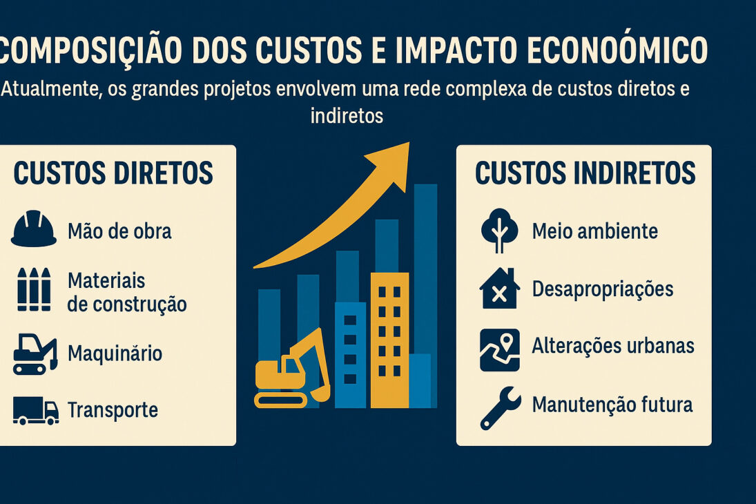 Infográfico mostrando a composição dos custos de grandes obras dividido em custos diretos e indiretos, com ícones representando cada categoria sobre fundo azul.