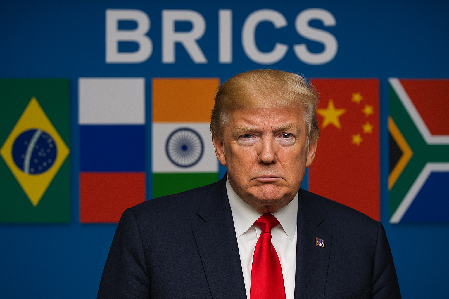Donald Trump à frente das bandeiras dos países do Brics em cenário geopolítico