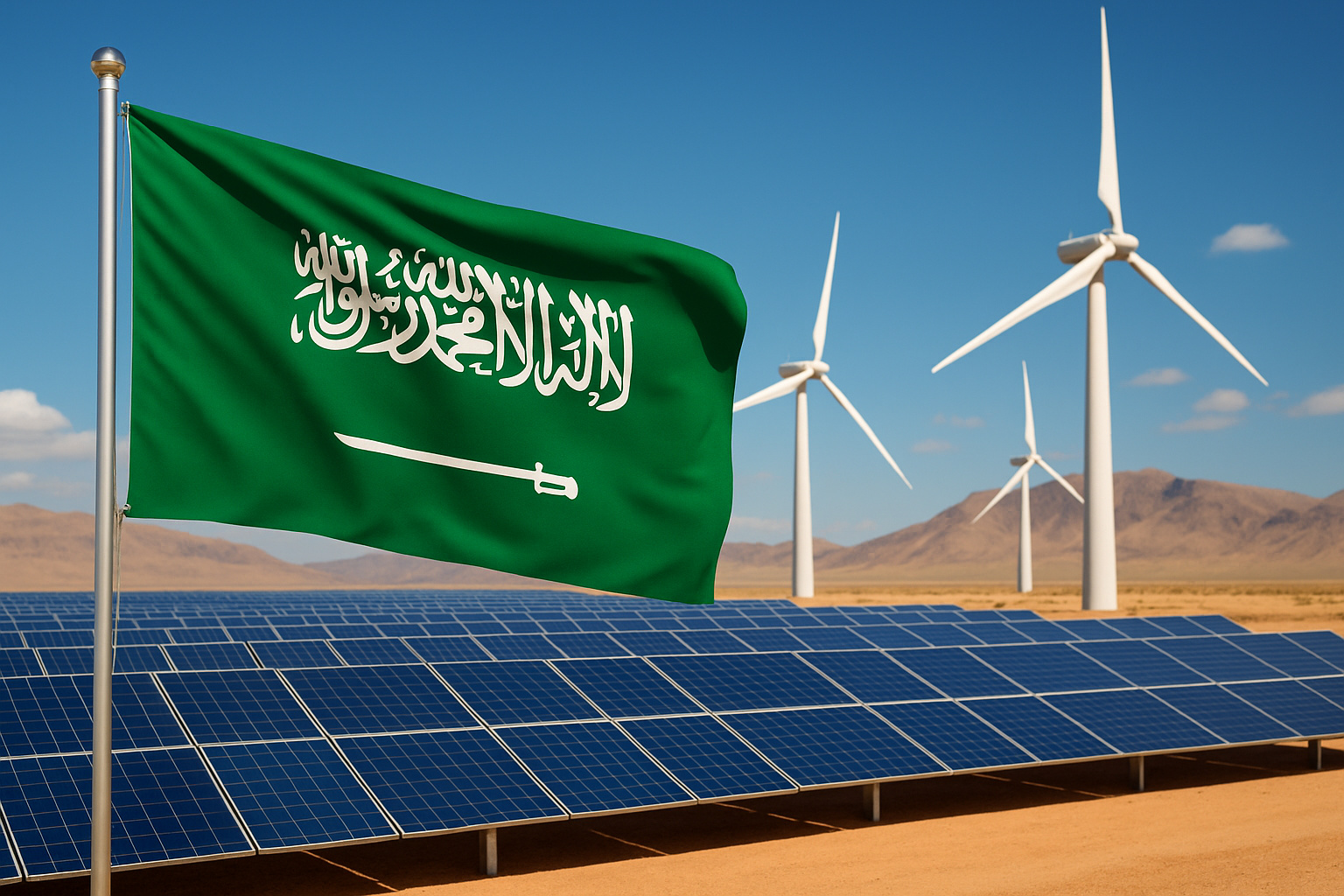 Painéis solares e turbinas eólicas na Arábia Saudita com bandeira saudita ao fundo
