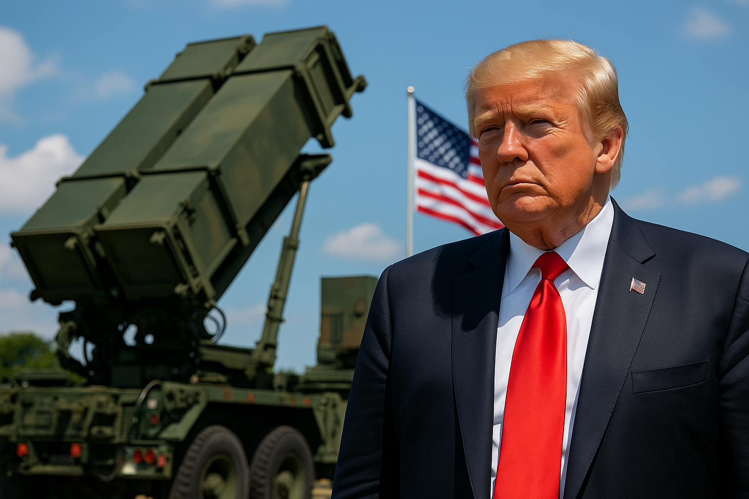 Donald Trump com mísseis Patriot prontos para envio à Ucrânia e bandeira dos EUA ao fundo