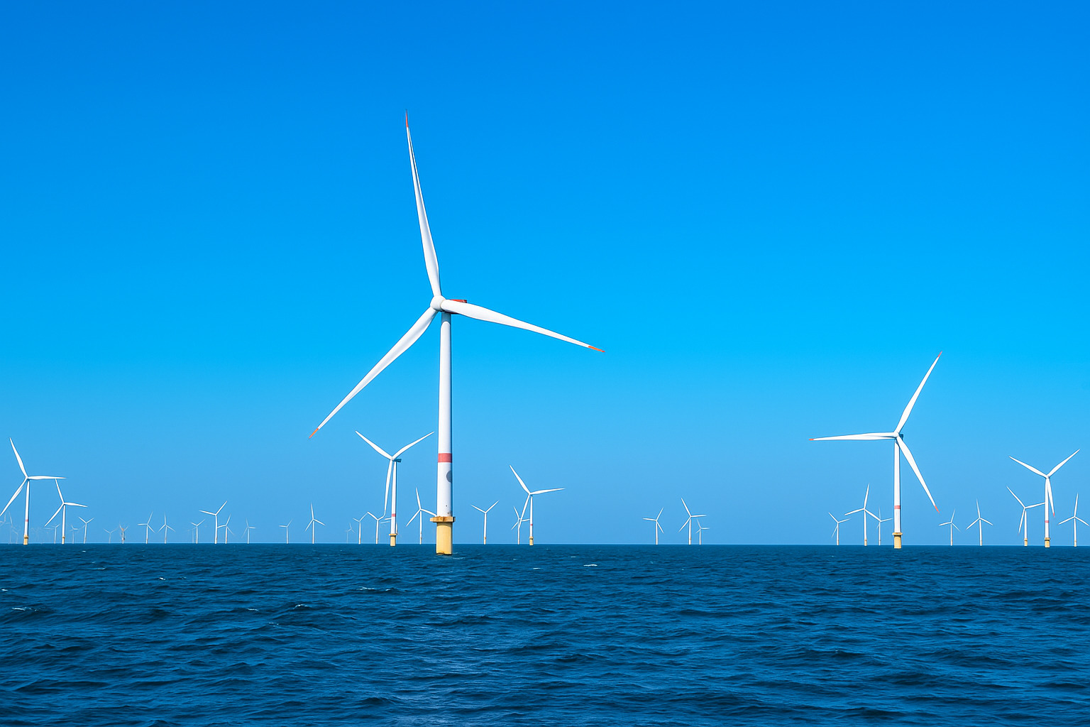Parques eólicos offshore com turbinas geradoras de energia no oceano sob céu claro ao meio-dia