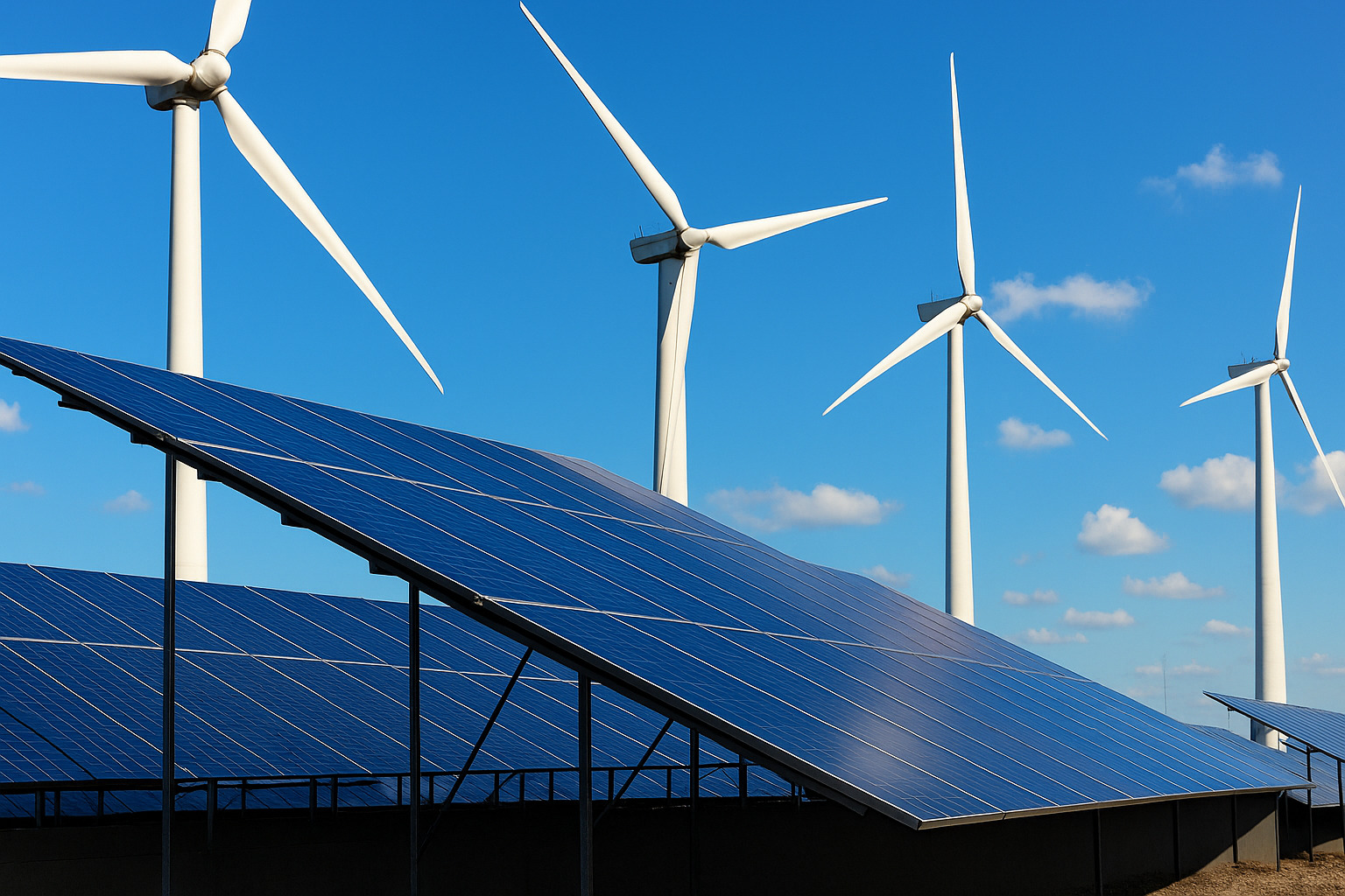 Painéis solares e turbinas eólicas em funcionamento sob o céu claro ao meio-dia.