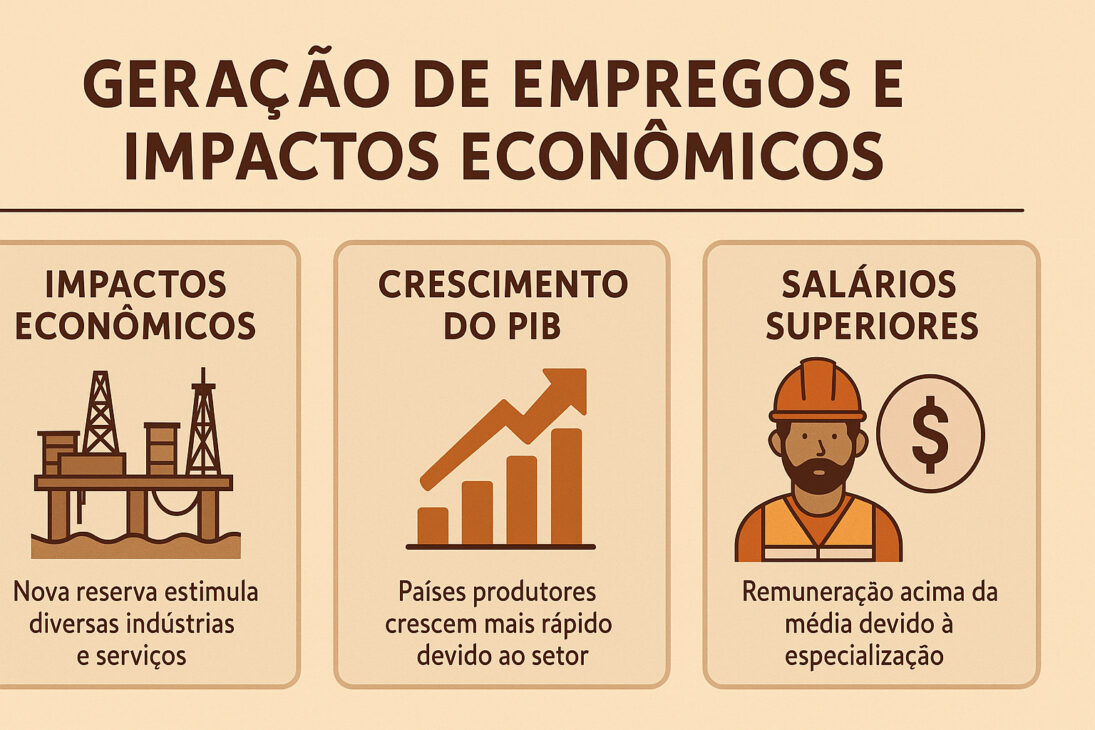 Infográfico ilustrado mostrando os impactos econômicos do setor de petróleo e gás, com ícones de plataformas, gráfico de crescimento e trabalhador especializado.