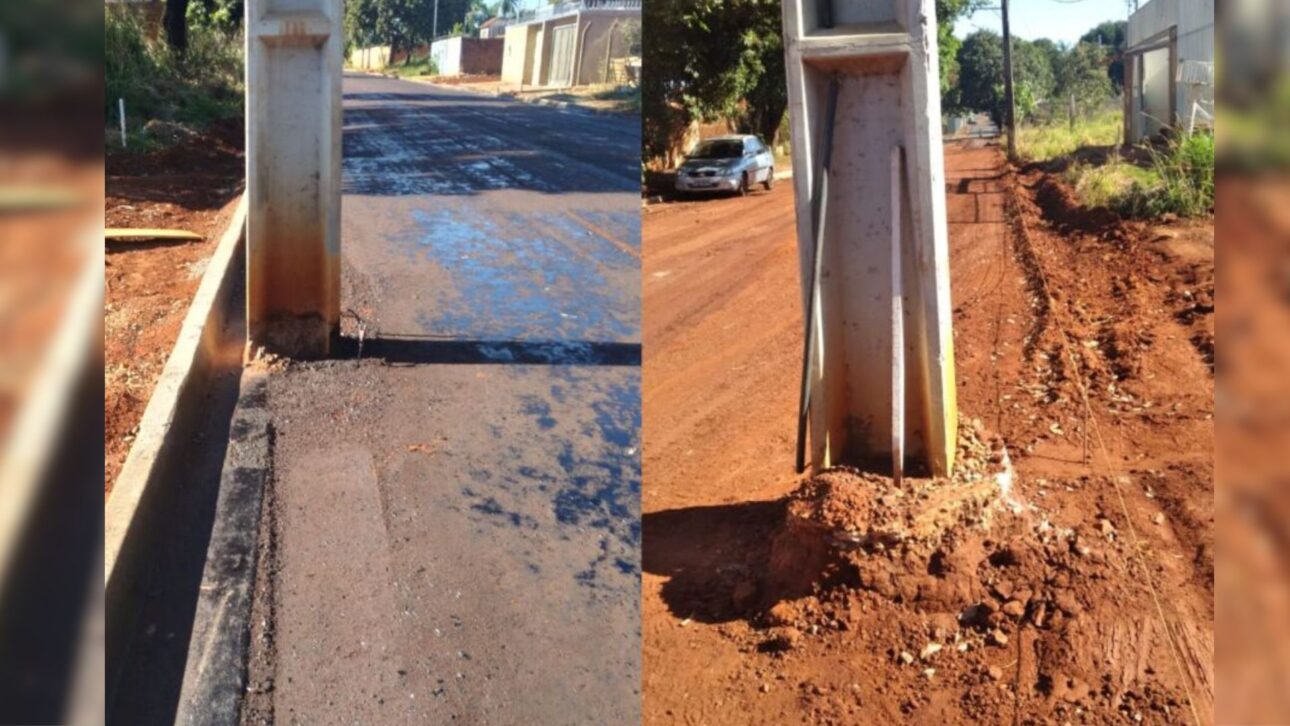 Poste no meio da rua causa caos no trânsito em Campo Grande, expõe falhas em obras de asfalto e preocupa moradores da Vila Vilas Boas.
