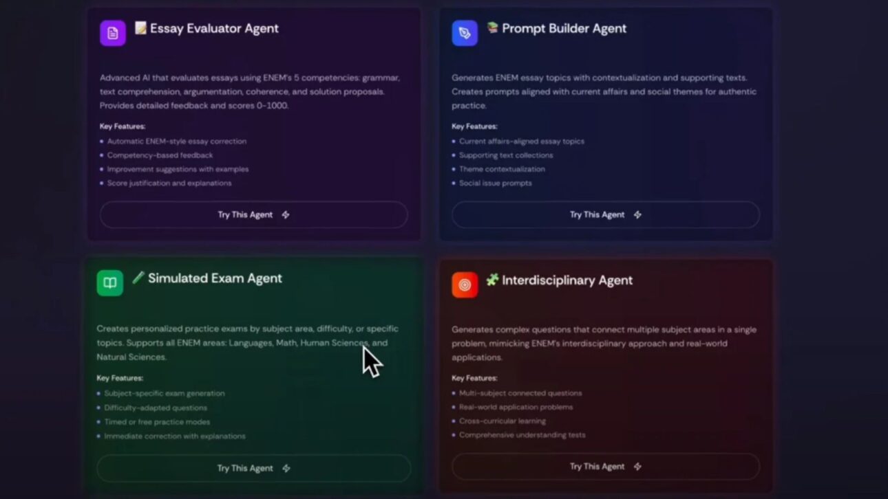 Demonstração do Edu.AI mostra agentes que corrigem, revisam e simulam provas do Enem (Crédito:Reprodução)