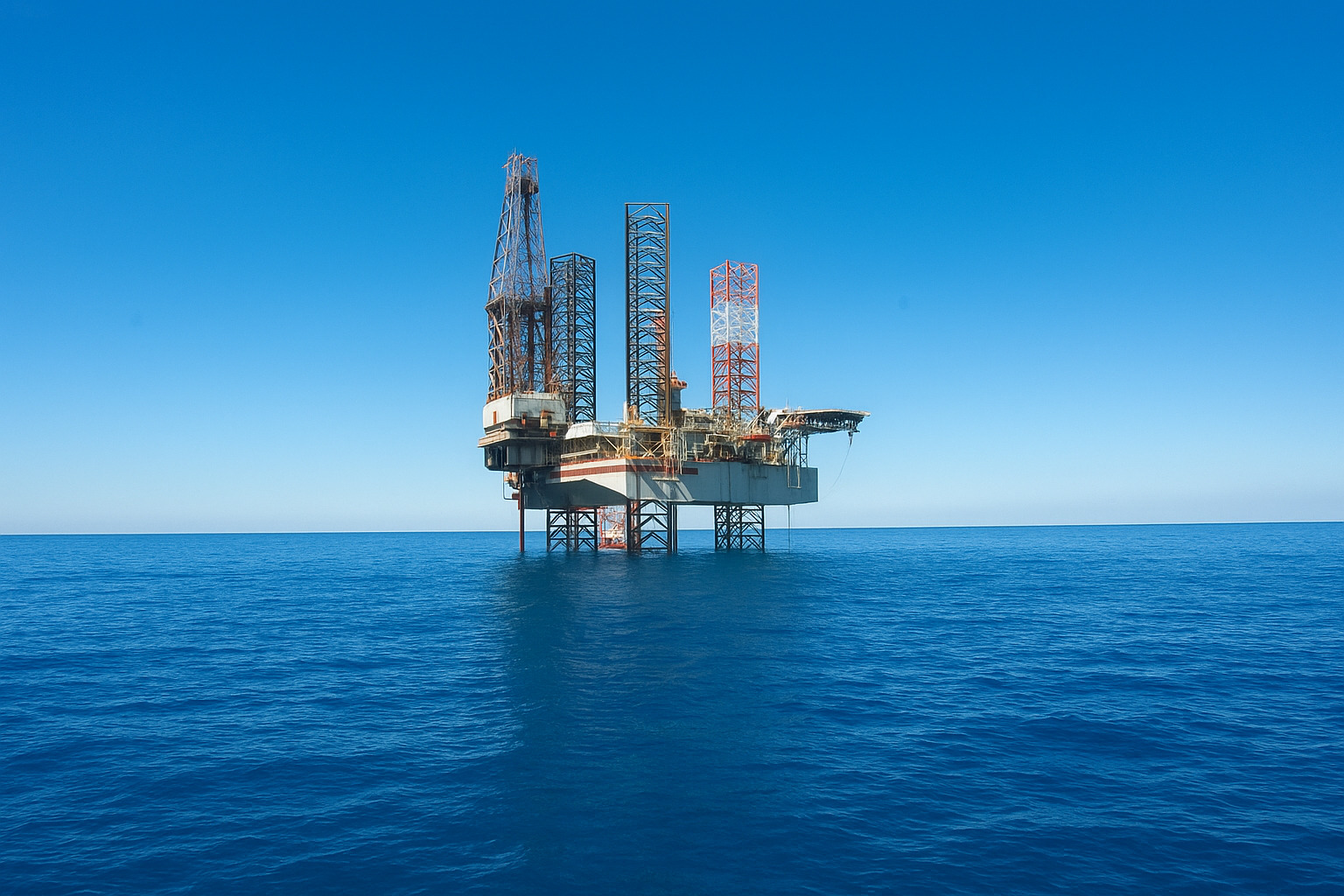 Plataforma de petróleo offshore em mar aberto sob céu claro ao meio-dia