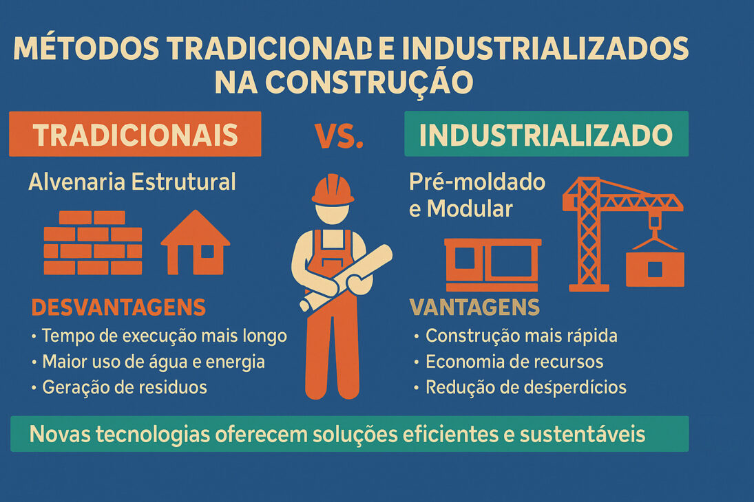 Infográfico comparando métodos tradicionais e industrializados na construção civil, com ilustrações de alvenaria estrutural e construção modular, destacando vantagens e desvantagens.