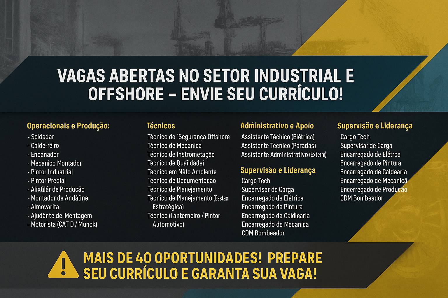 Lista com mais de 40 vagas no setor industrial e offshore, incluindo cargos técnicos, operacionais e de liderança, com fundo de fábricas e cortes transversais chamativos.