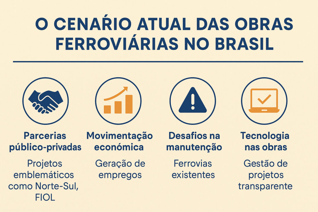 Infográfico ilustrando o cenário atual das obras ferroviárias no Brasil, destacando parcerias público-privadas, movimentação econômica, desafios na manutenção e uso de tecnologia.