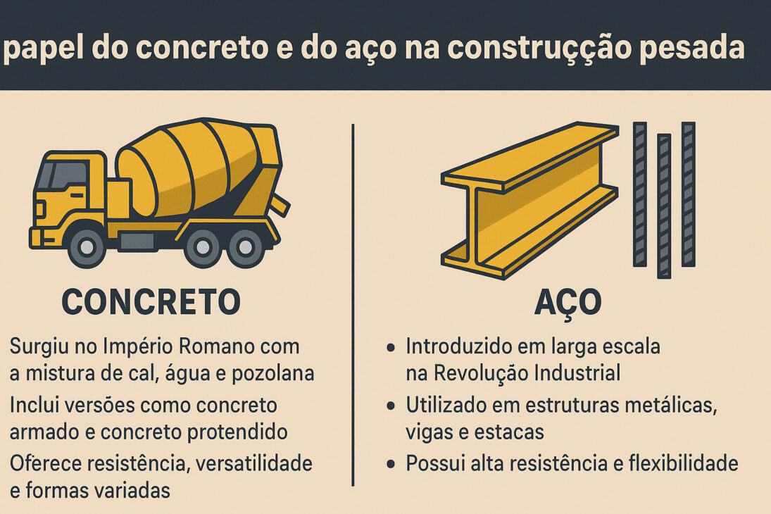 Infográfico ilustrando o papel do concreto e do aço na construção pesada, com ícones de caminhão betoneira e vigas metálicas, destacando suas características e aplicações.