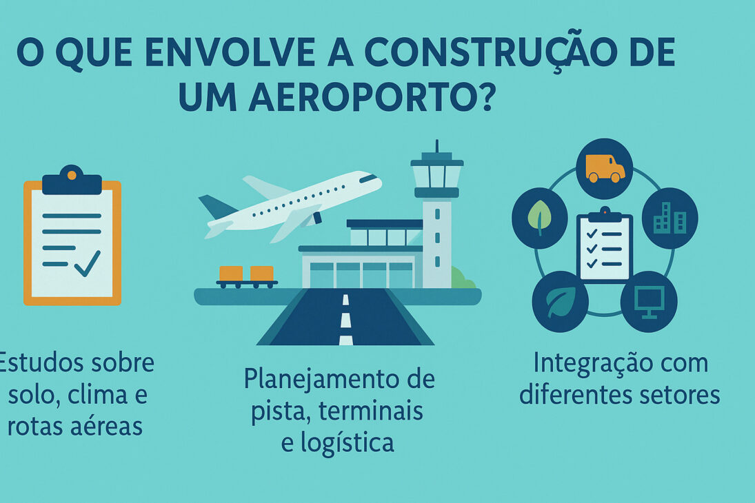 Infográfico ilustrando os principais elementos envolvidos na construção de um aeroporto: estudos sobre solo, clima e rotas aéreas; planejamento de pista, terminais e logística; e integração com diferentes setores.