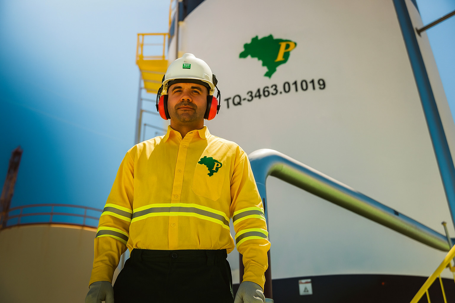 Técnico da Petrobras em plataforma marítima de petróleo, vestindo uniforme laranja e capacete de segurança, com o mar ao fundo.