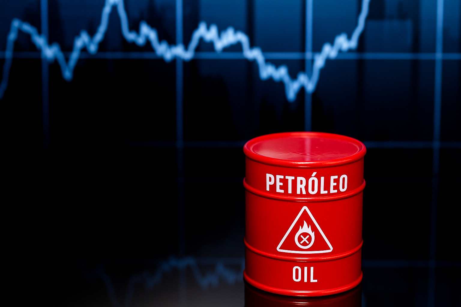 Barril vermelho com a palavra "Petróleo" e gráfico de mercado ao fundo