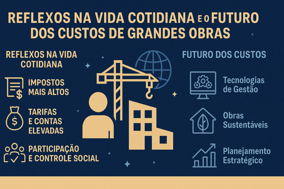 Infográfico ilustrando os reflexos dos custos de grandes obras na vida cotidiana e as perspectivas futuras, com ícones de impostos, tecnologia e planejamento sobre fundo azul escuro.