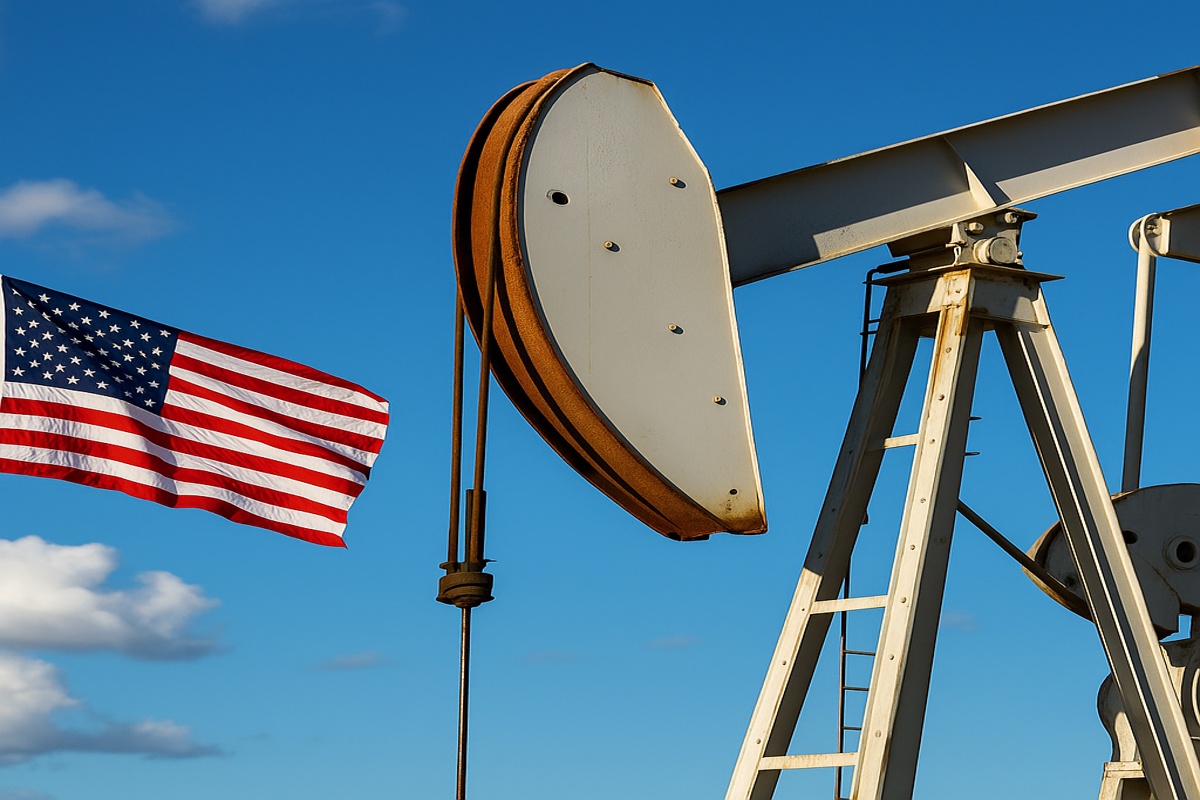 Bomba de petróleo nos Estados Unidos com bandeira americana ao fundo