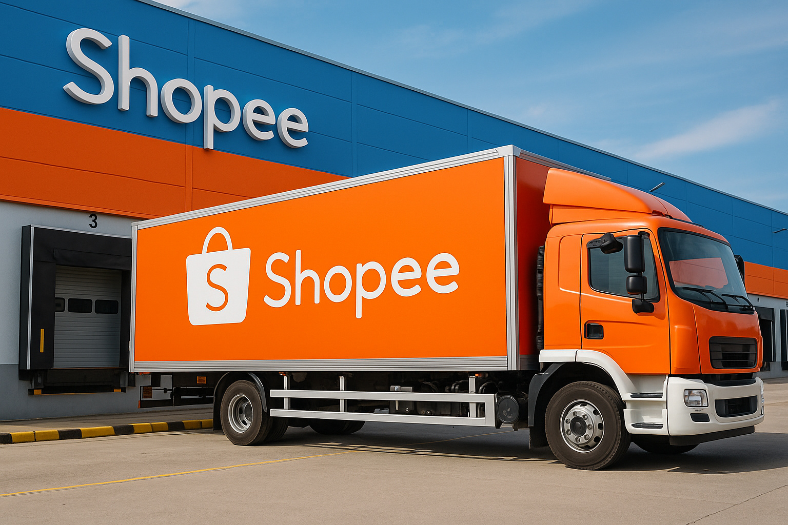 Caminhão da Shopee em frente a centro logístico no Rio de Janeiro