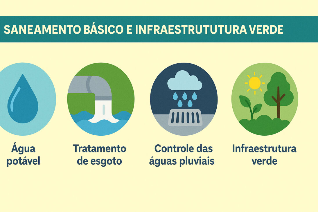 Infográfico ilustrando os principais elementos do saneamento básico e da infraestrutura verde, com ícones representando água potável, tratamento de esgoto, controle das águas pluviais e áreas verdes urbanas.