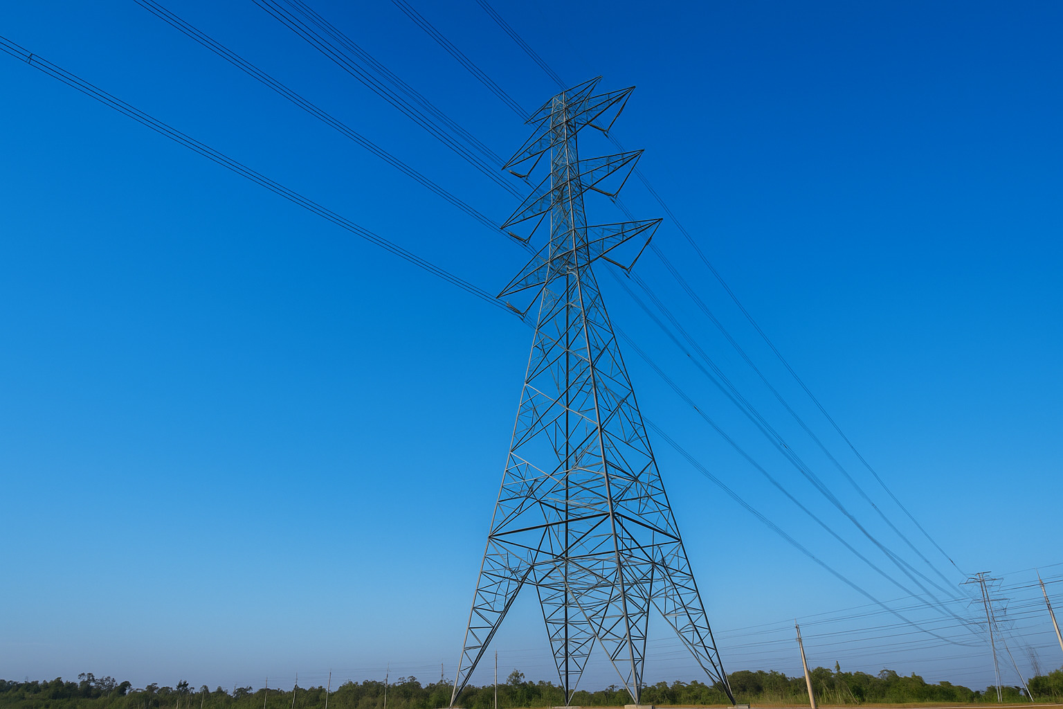 Torre de transmissão de energia elétrica sob céu limpo ao meio-dia