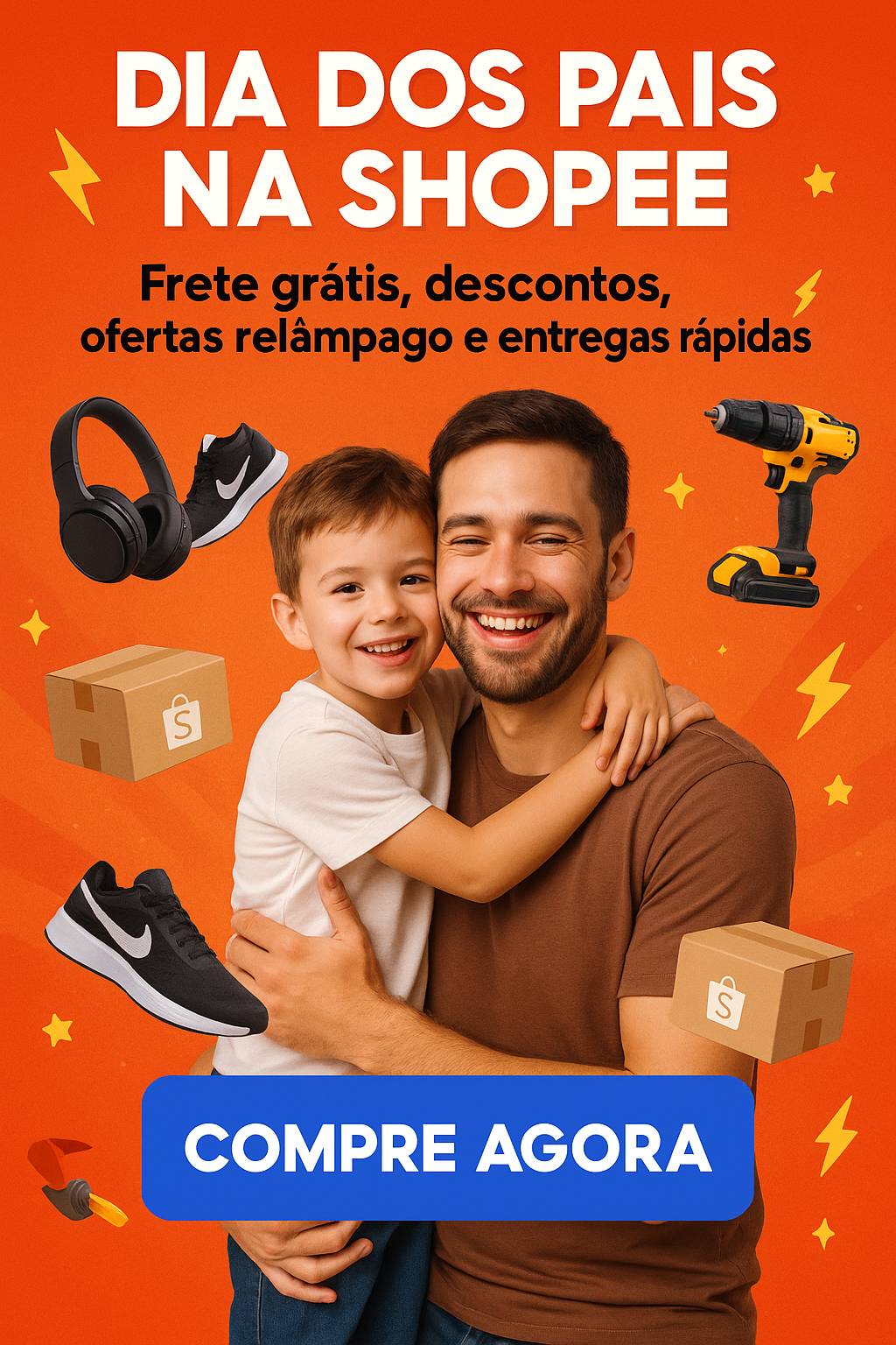 Pai e filho sorrindo ao fundo de arte promocional da Shopee para o Dia dos Pais, com produtos e caixas flutuantes em cenário laranja vibrante.