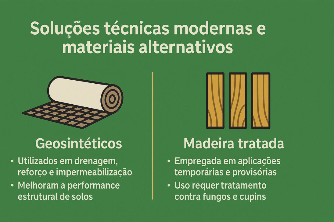 Infográfico comparando geossintéticos e madeira tratada em soluções técnicas modernas para construção pesada, com ícones representativos e tópicos informativos.