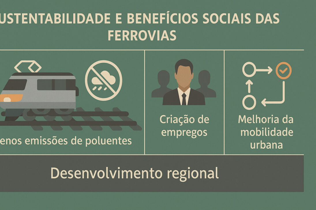 Infográfico sobre sustentabilidade e benefícios sociais das ferrovias, destacando redução de emissões, criação de empregos, melhoria da mobilidade urbana e desenvolvimento regional.