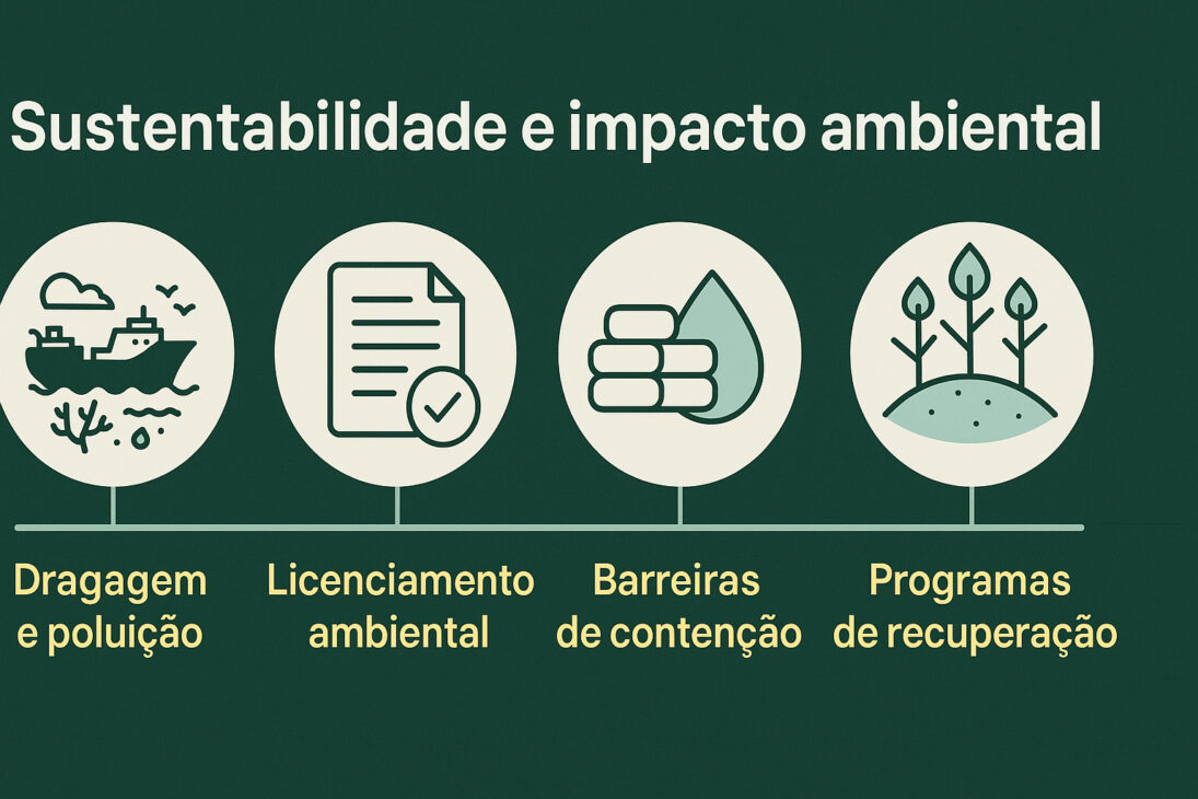 Infográfico com fundo verde escuro ilustrando aspectos de sustentabilidade e impacto ambiental na construção de portos, com ícones representando dragagem, licenciamento, barreiras de contenção e programas de recuperação.