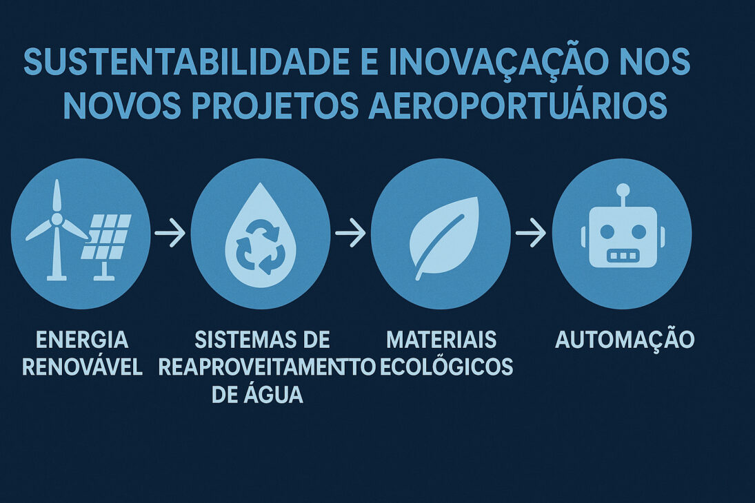 Infográfico ilustrando práticas sustentáveis e inovações em projetos aeroportuários: energia renovável, reaproveitamento de água, materiais ecológicos e automação.