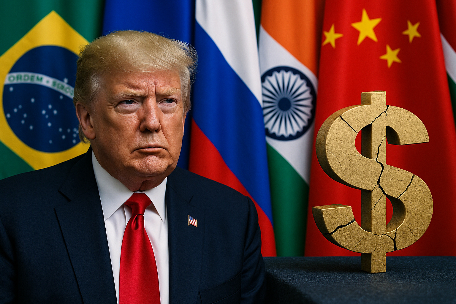 Donald Trump e bandeiras do Brics com símbolo do dólar rachado representam tensão comercial global
