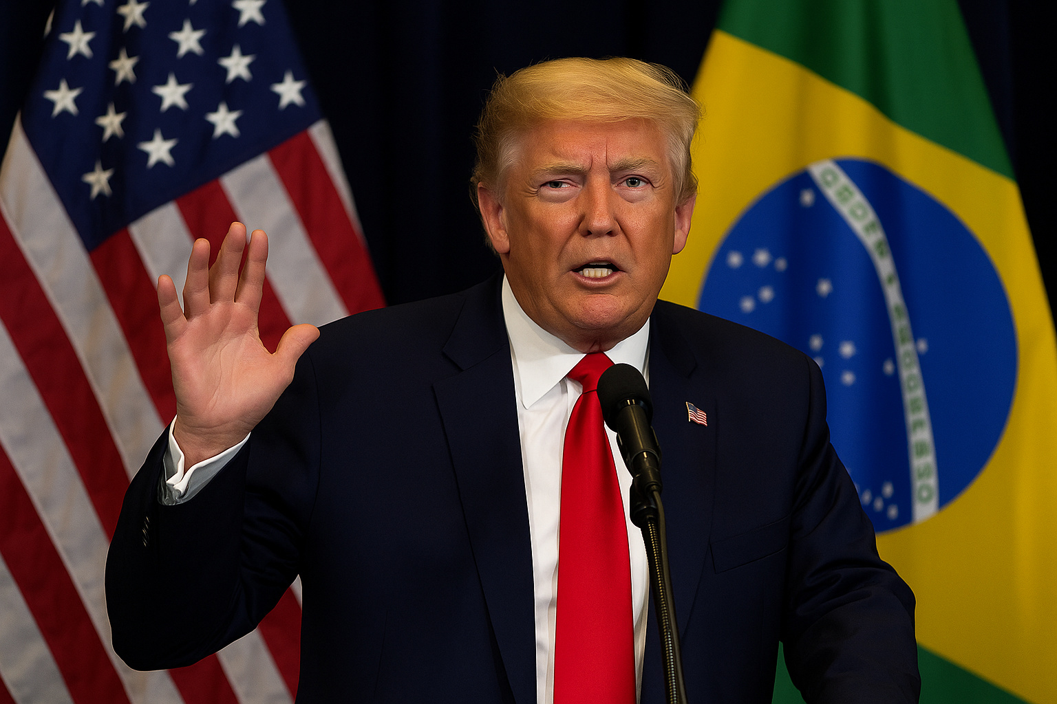 Donald Trump faz anúncio de tarifa de 50% ao Brasil com bandeiras dos EUA e Brasil ao fundo